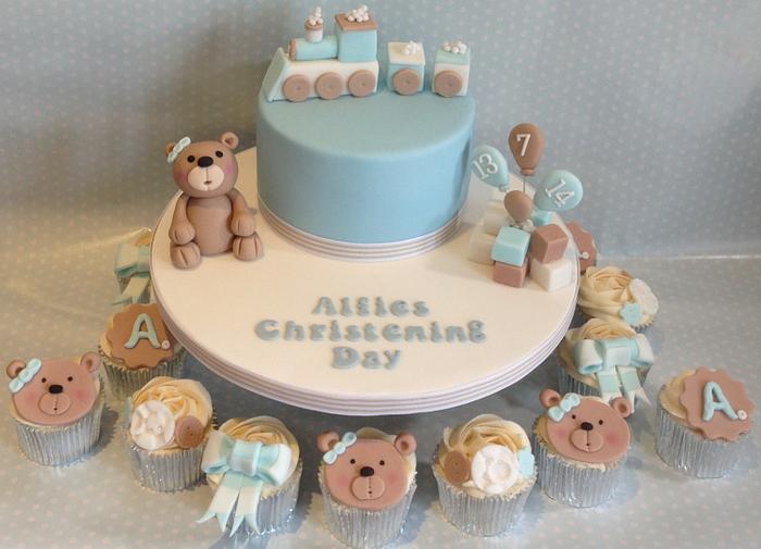 Bear and Train Christening cake