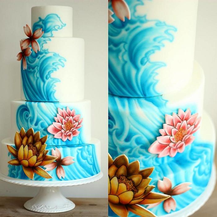 Four tier wedding cake with freehand airbrushing