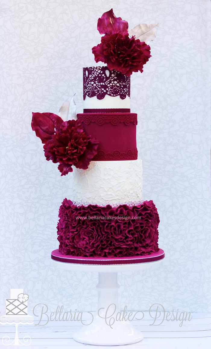 Burgundy ruffles wedding cake