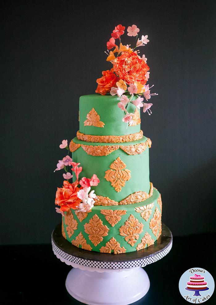Green and Gold Damask Anniversary Cake 