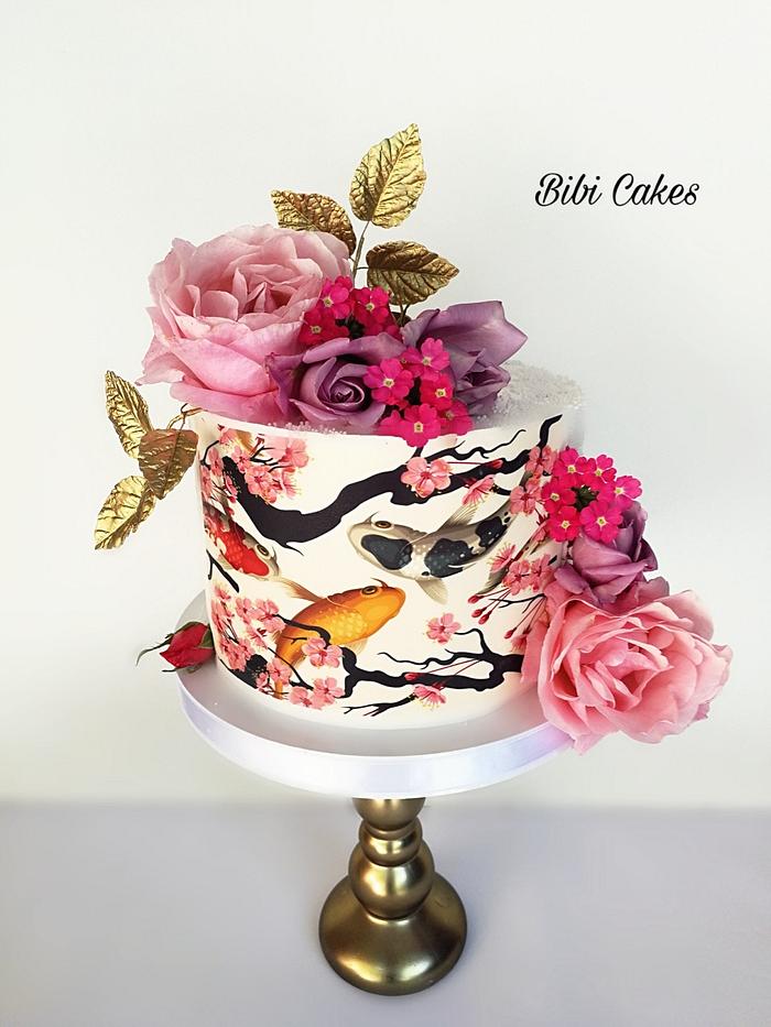 Koi fish cake with flowers 