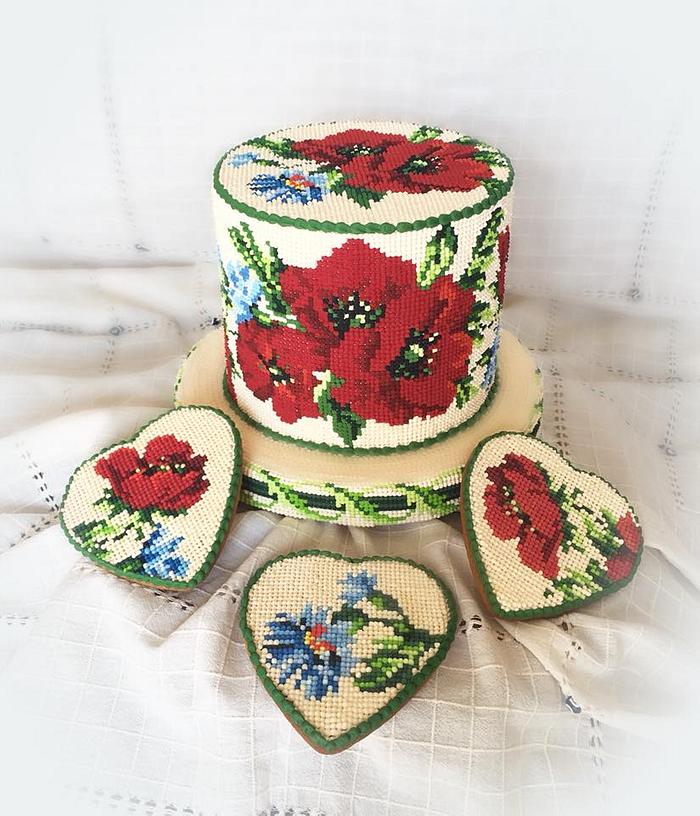Royal İcing .Cross stitch embroidery cake and cookies. 