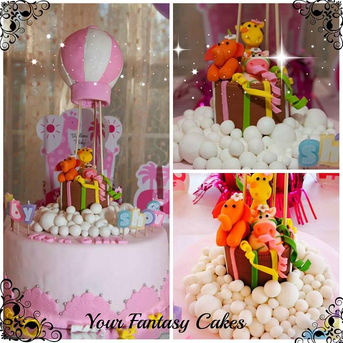 Pink Baby Shower Cake Cute Baby Animals in Hot Air Balloon 