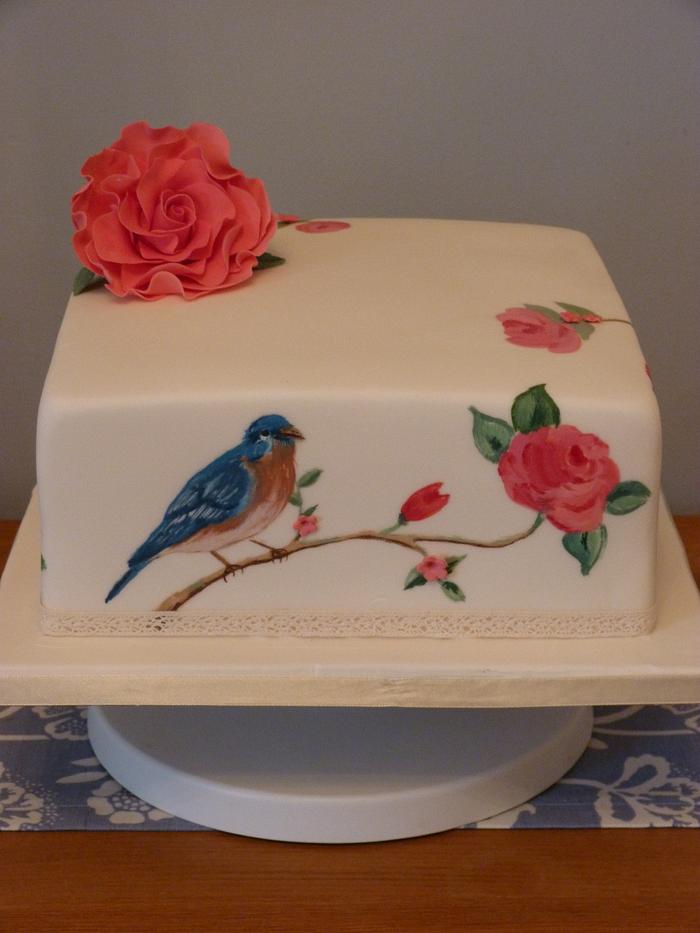 Handpainted birds and flower cake