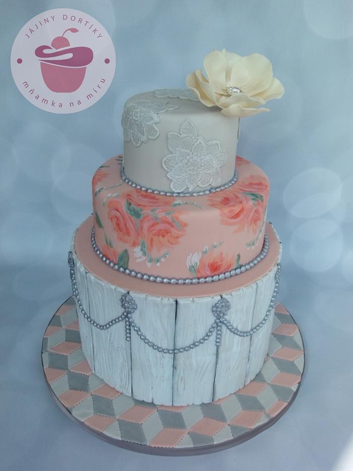 Old pink and grey wedding cake