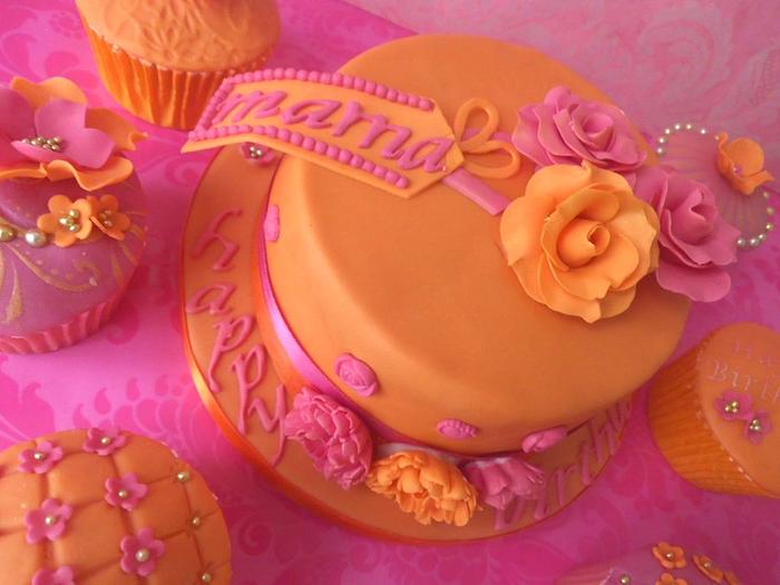 Pink and Orange mini cake with accessories