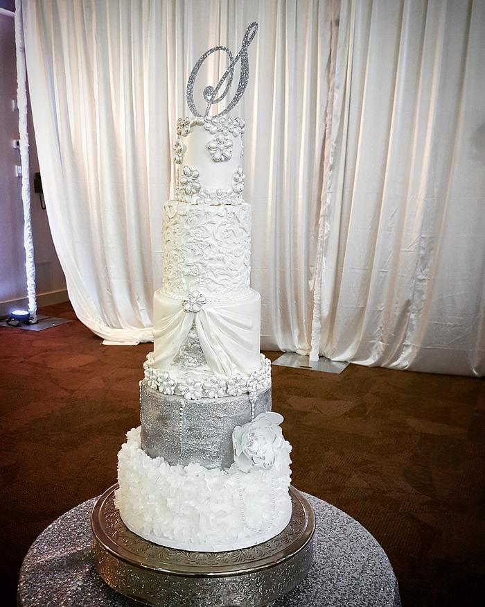 Silver and white bling wedding cake