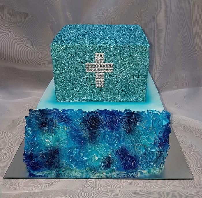Blue ruffles christening cake