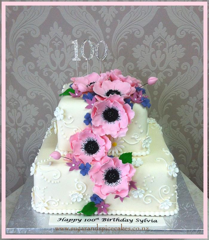 100th Birthday Cake with Sugar Anemones