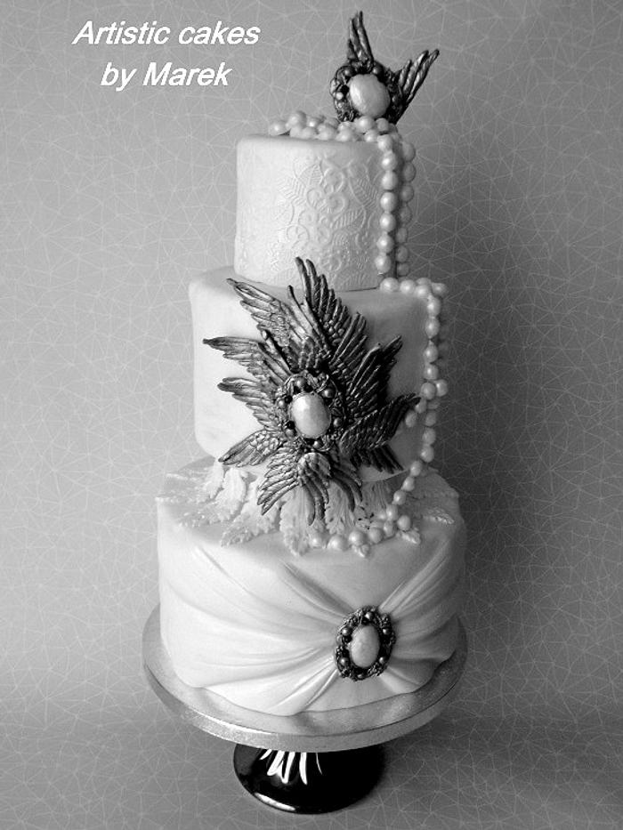 White and silver wedding cake
