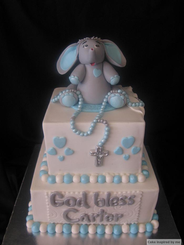 baptism cake with rosary and  baby elephant