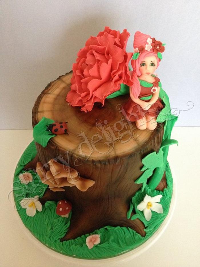 Fairy and Peony on a Tree Stump 