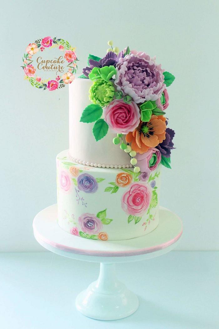 Floral Painted cake and sugarflowers