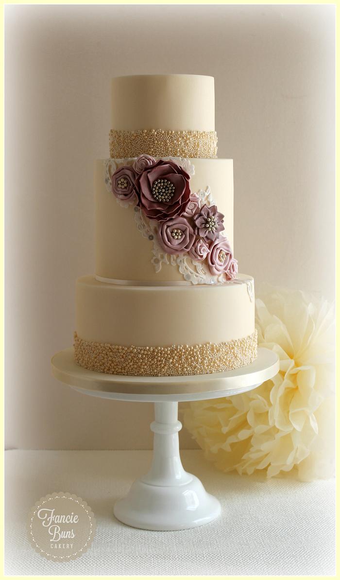 Silk Fabric Effect Flowers, Lace & Pearl Wedding Cake
