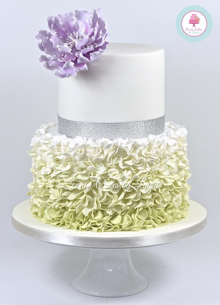 Green Ombre Ruffles & Peony Silver Wedding Anniversary Cake