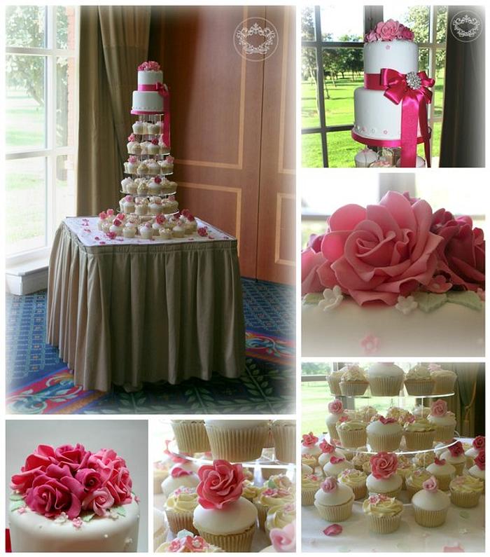 Pink Roses Cutting Cake & Cupcake Tower