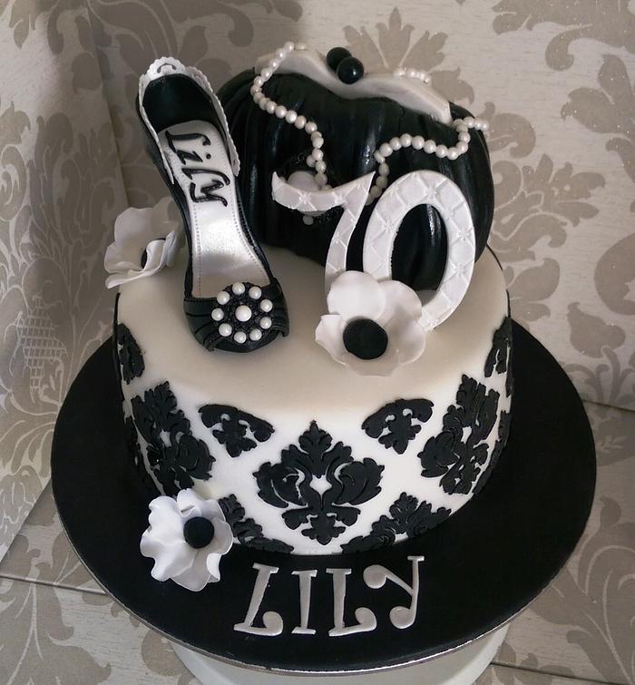 Black and white 70th Birthday cake