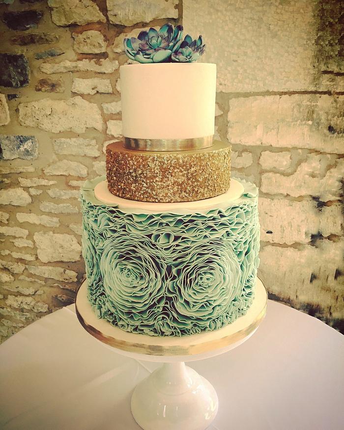 Mint Rose Ruffle and Sequin Cake with Succulents 
