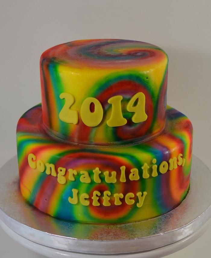 Tie dye graduation cake