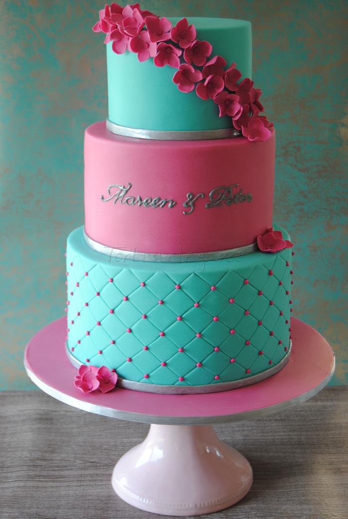 Turquise & Pink Wedding Cake with silver piped Names
