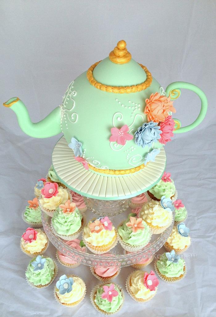Bridal shower tea pot and cupcake tower