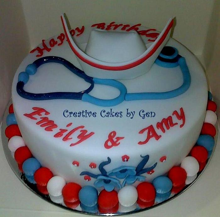 Nurse themed cake with sugarpaste cap & stethoscope