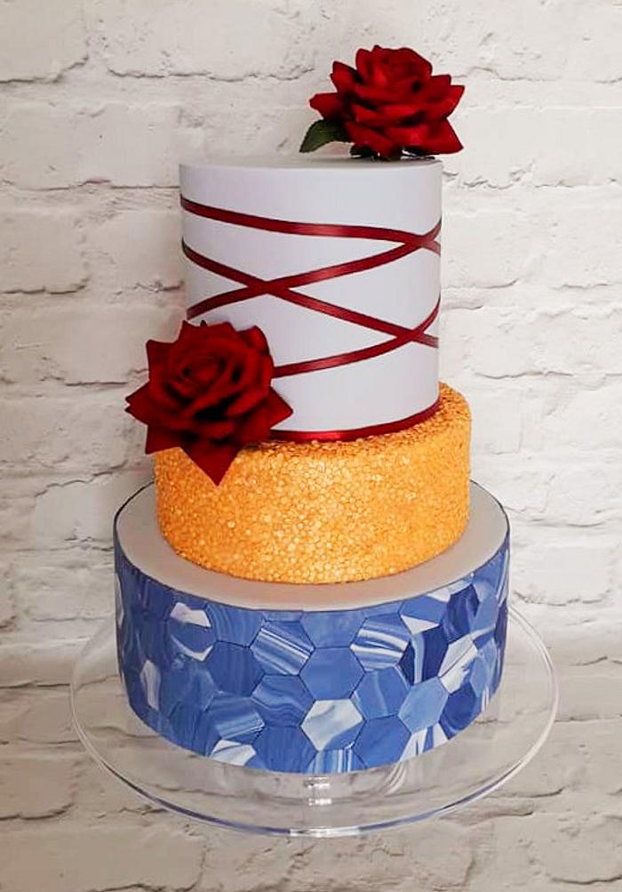 Geometric purple and gold wedding cake