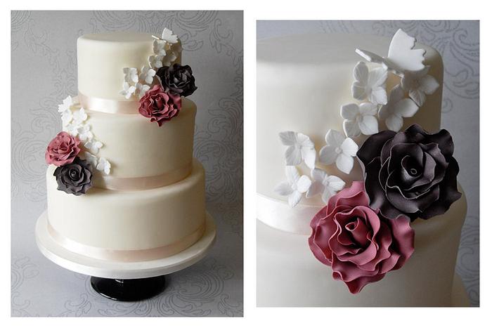Roses and Hydrangea Wedding Cake