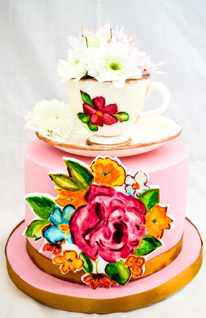Hand painted floral teacup cake