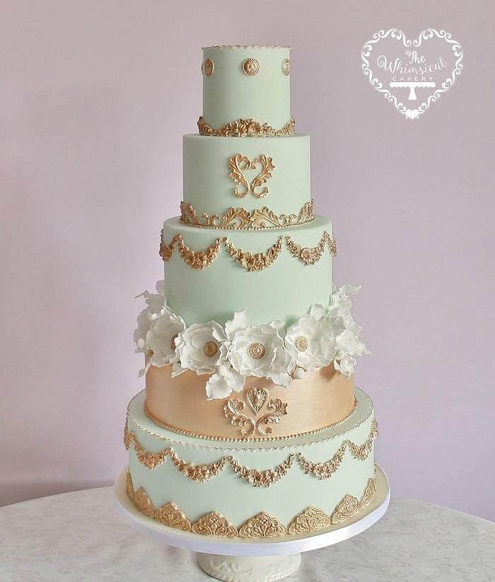 Aqua and Gold Marie Antoinette inspired wedding cake