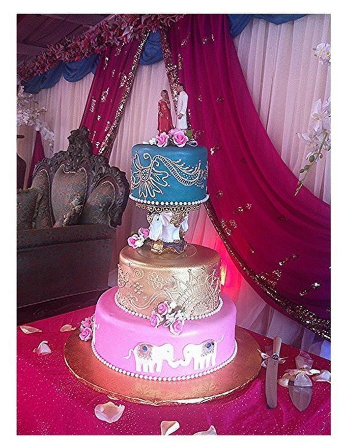 Indian mehindi teal and pink wedding cake