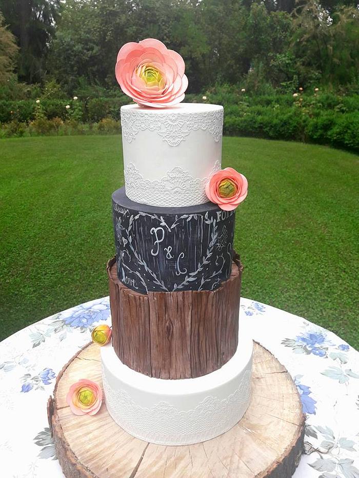 Wedding cake, blackboard and wood effect