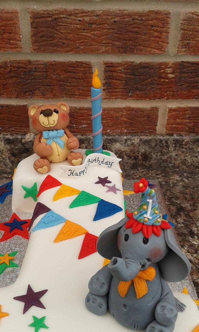 Elephant and Teddy bear 1st Birthday cake