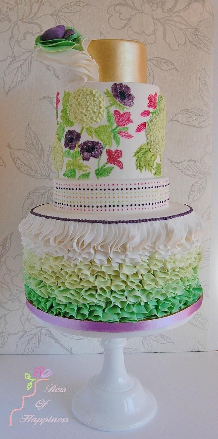 Hand Painted Floral Ruffle Cake 