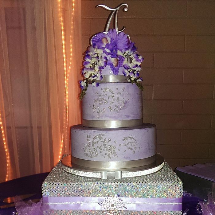 Lavendar Iris Silver Scroll Wedding Cake