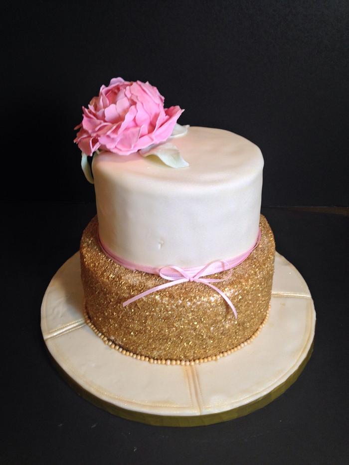 Gold sparkly cake w peony topper