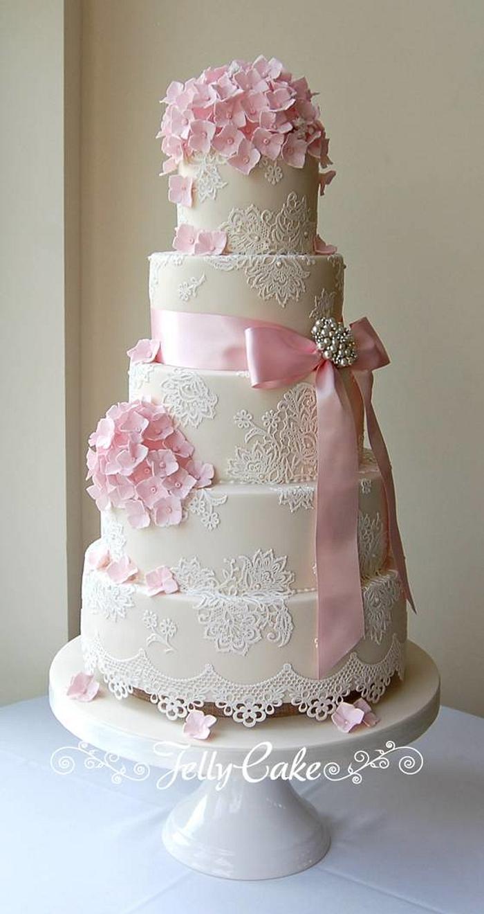 Lace and Hydrangeas Wedding Cake