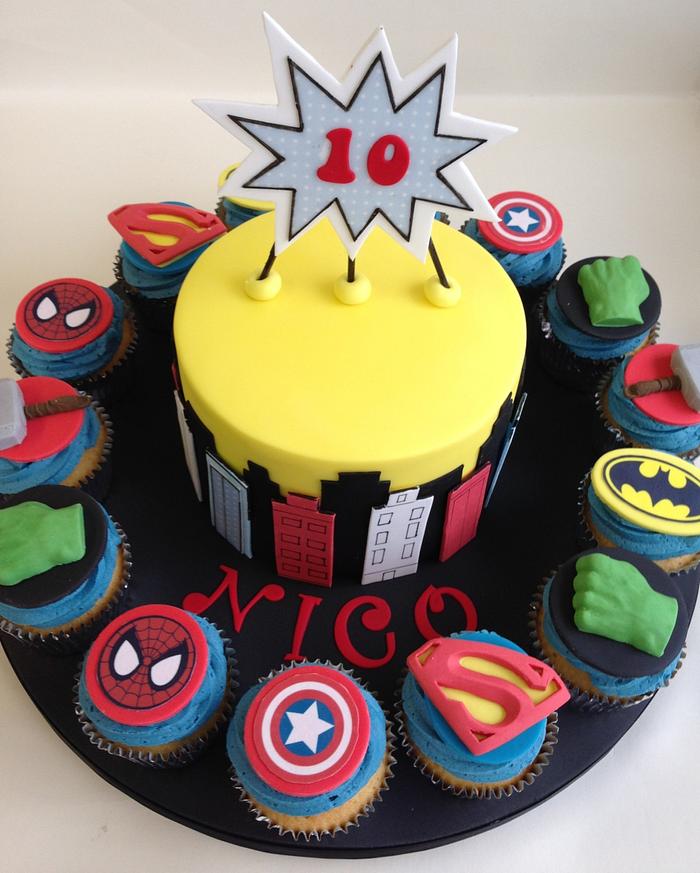 Superhero cake and cupcakes