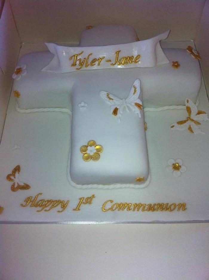 holy communion cake gold and white