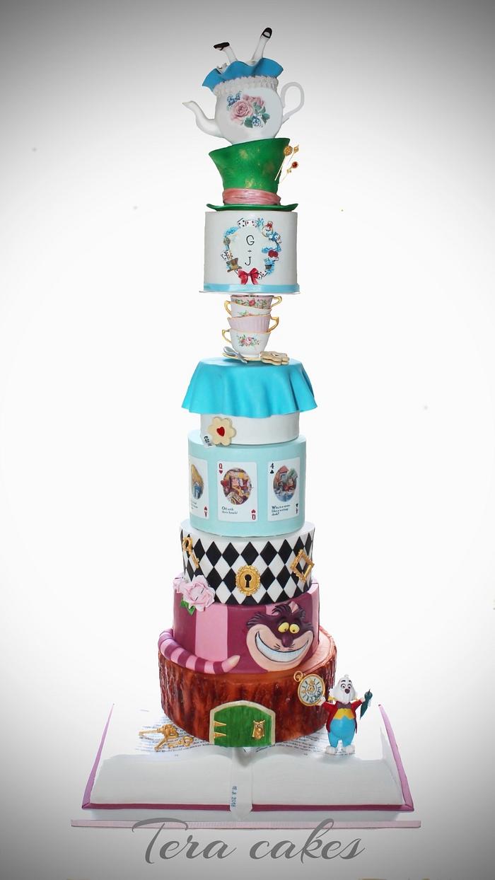 Alice in wonderland themed wedding party cake