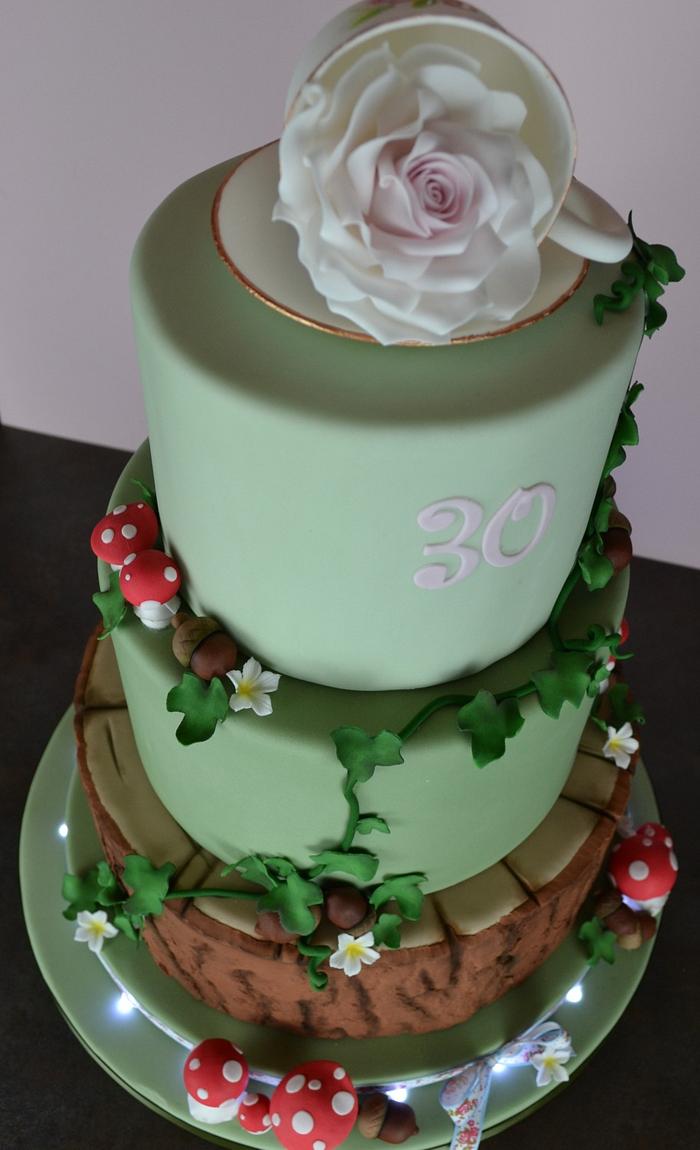 Woodland tea party themed 30th birthday cake
