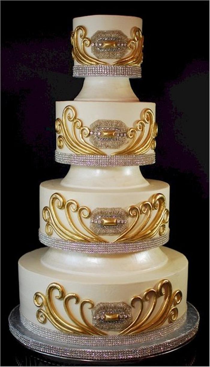 Rhinestone and Gold Bling Wedding Cake