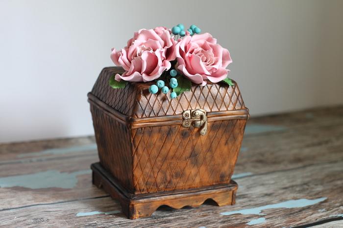 Hand- Painted Wooden Box Cake with Pink Roses 