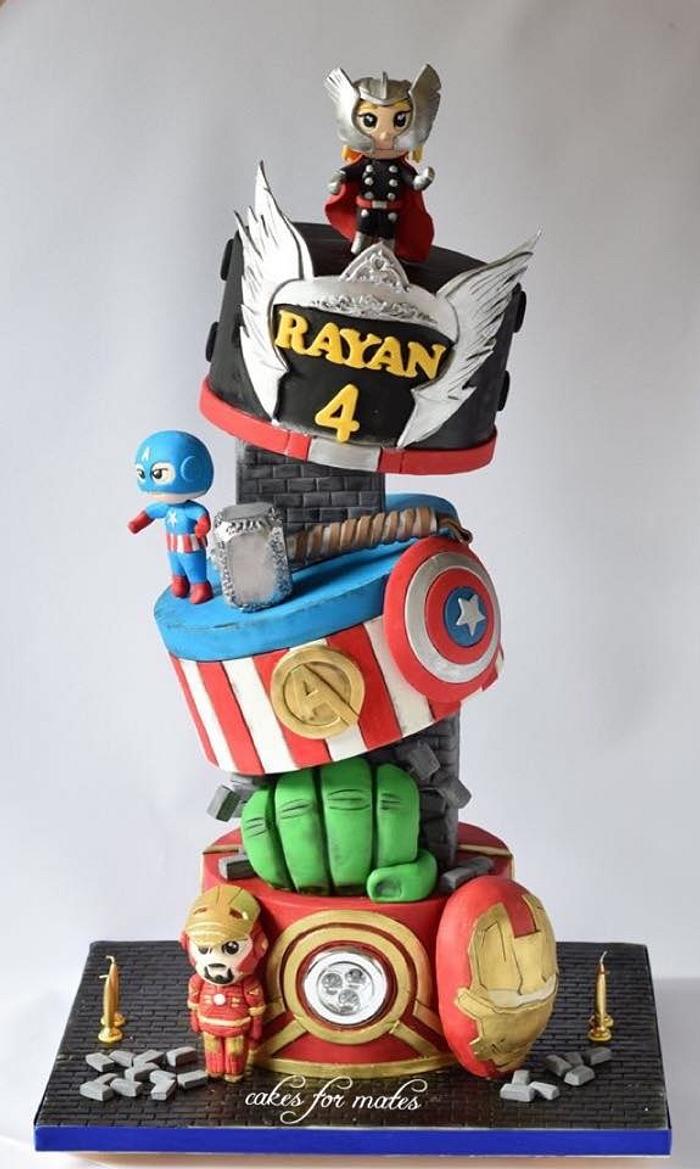 Gravity defying Avengers theme cake