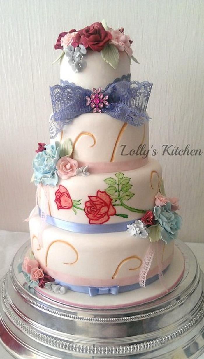 Vintage inspired, hand painted wedding cake