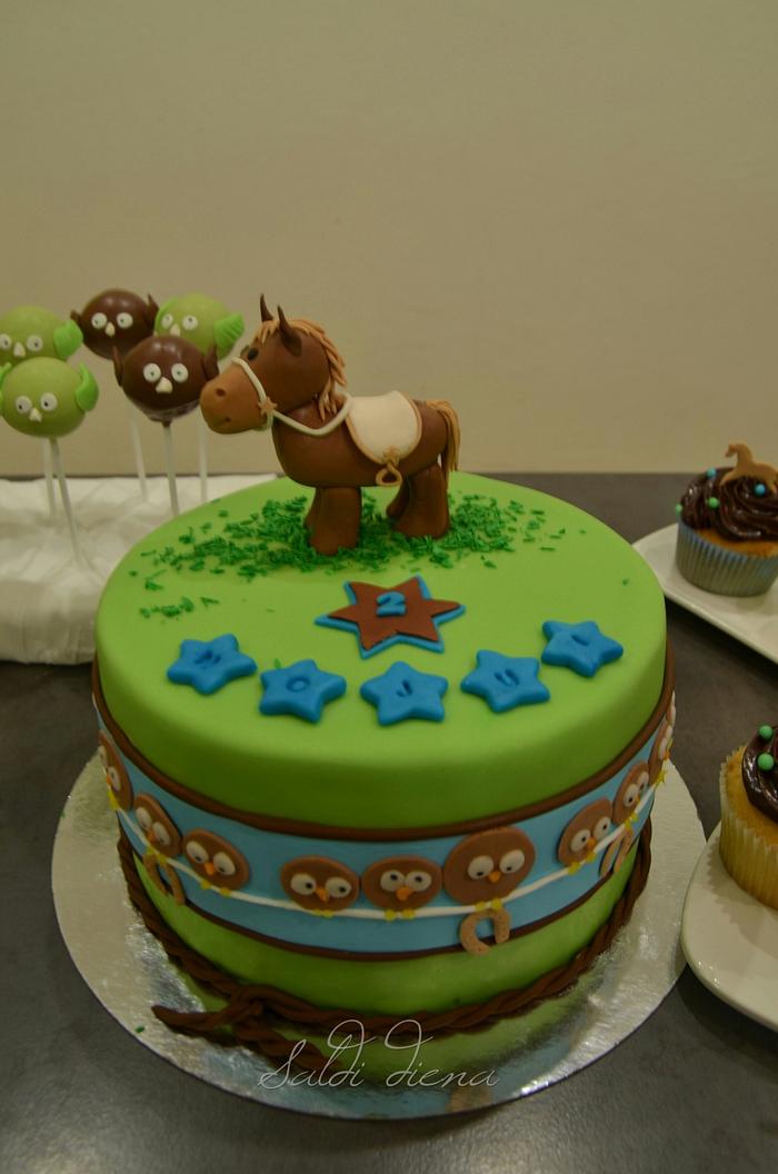 horse and birds cake, cupcakes and cake-pops