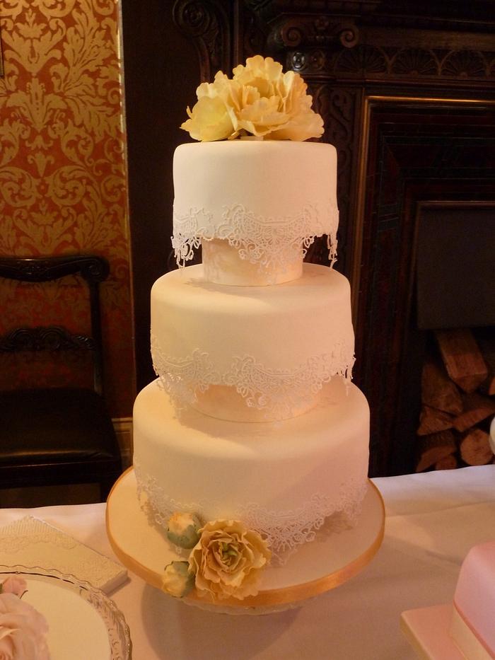 Peony and Lace Wedding Cake