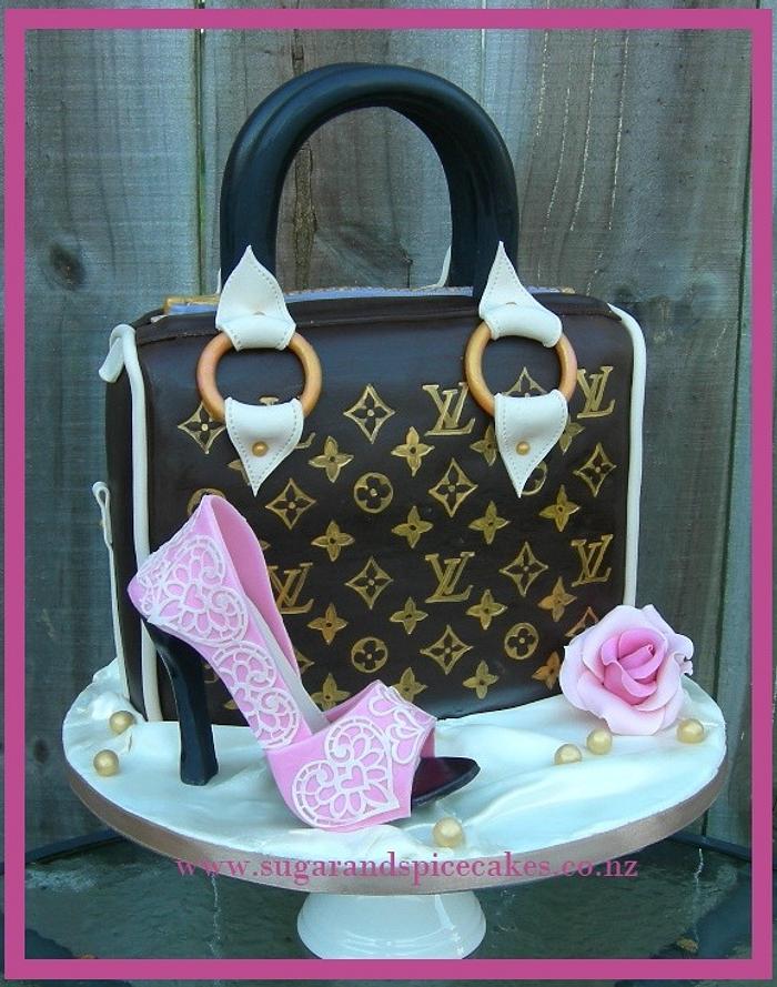 Louis Vuitton inspired Handbag cake with lace covered Sugar Shoe ~