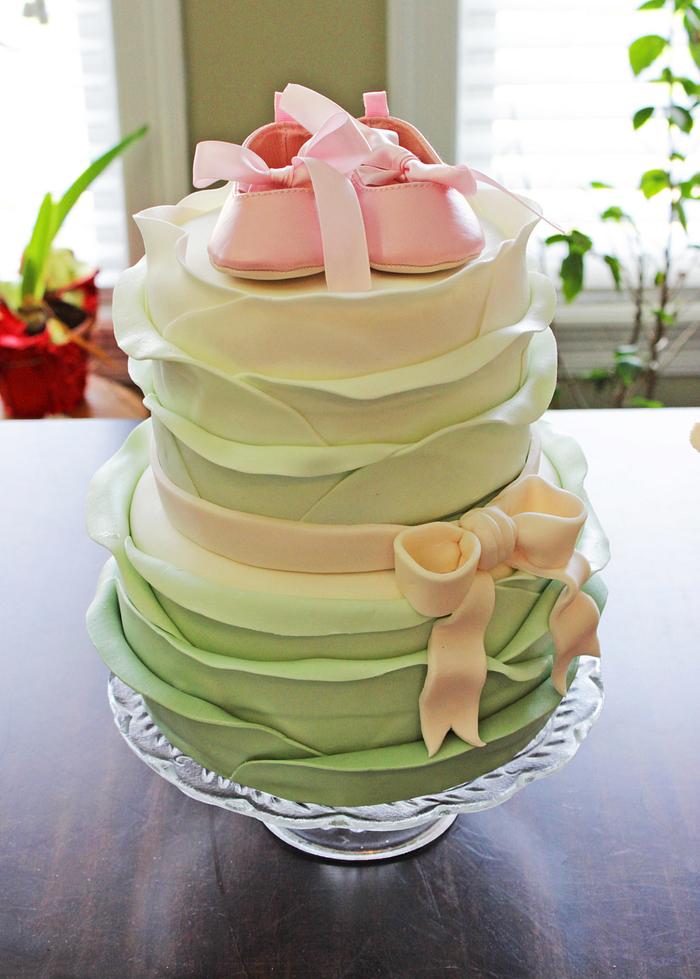 Shabby Chic Vintage Sage and Pink Ruffles Baby Shower Cake