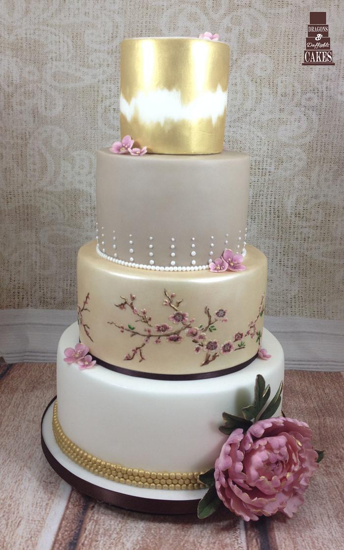 Gold Peony Wedding Cake